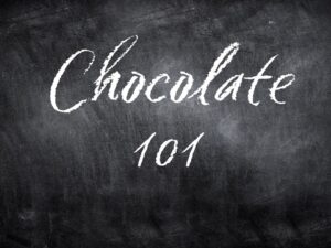 A black chalkboard looking background with the works "chocolate 101" written on it. In a white chocolate looking font.