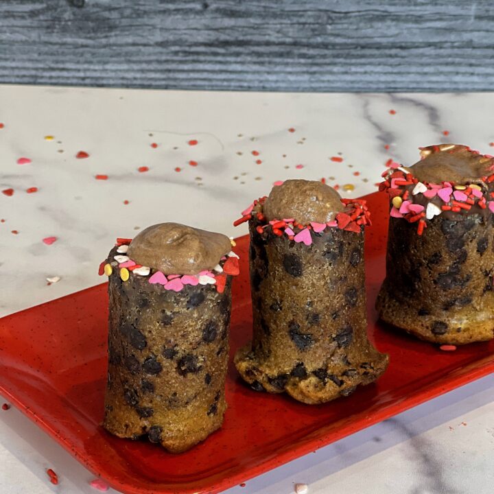 Valentine's Day chocolate chip cookie shots with chocolate mousse