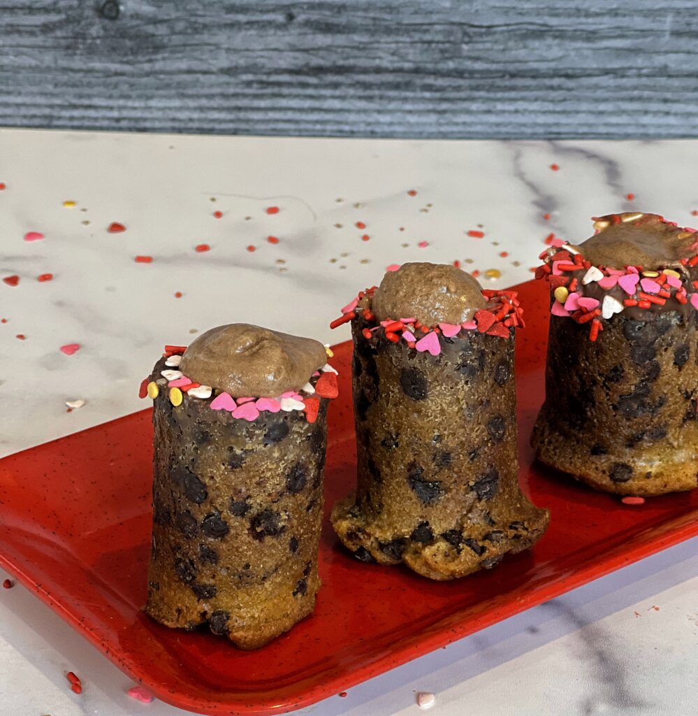 Valentine's Day chocolate chip cookie shots with chocolate mousse